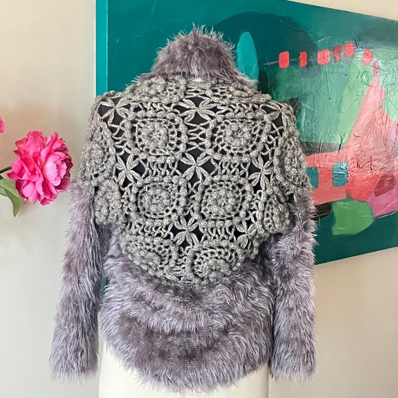 BOLERO CARDIGAN WOOL BLEND GREY KNIT FUZZY 3/4 SLEEVE SHAWL COLLAR SMALL - Picture 2 of 13